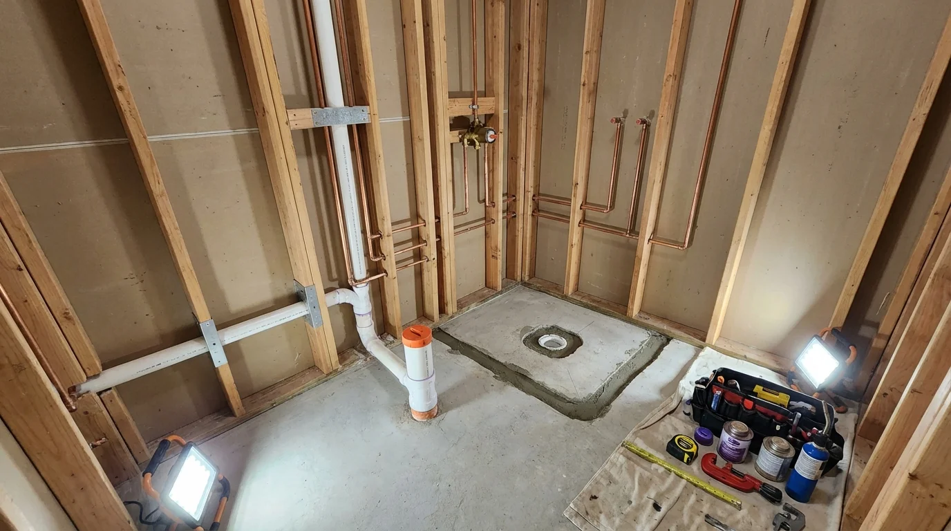 Bathroom rough-in plumbing during remodel by Johns Plumbing LLC in Epworth