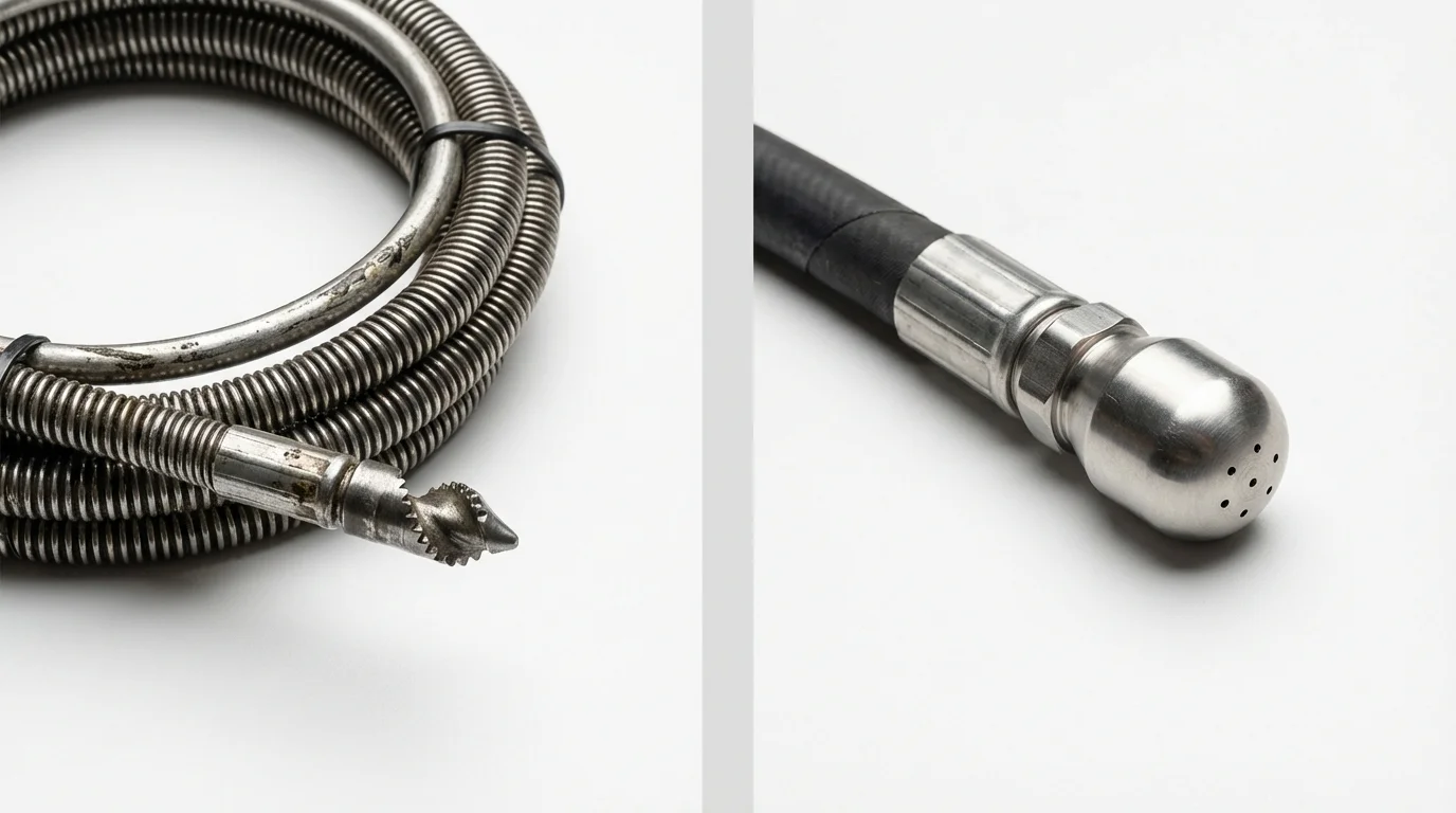 Drain snake cable and hydro jetting nozzle used for drain cleaning in Epworth, IA