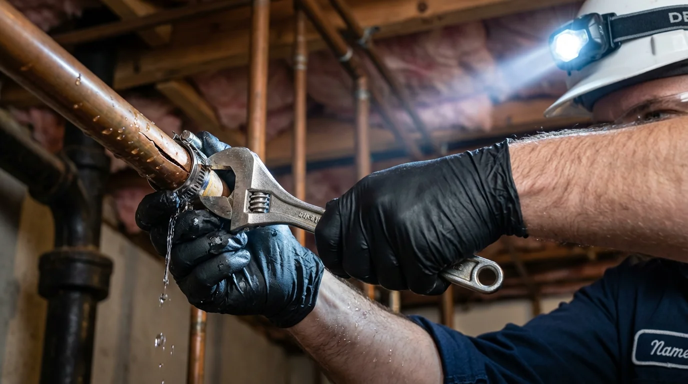 Emergency pipe clamp repair being performed by a Johns Plumbing LLC plumber in Epworth