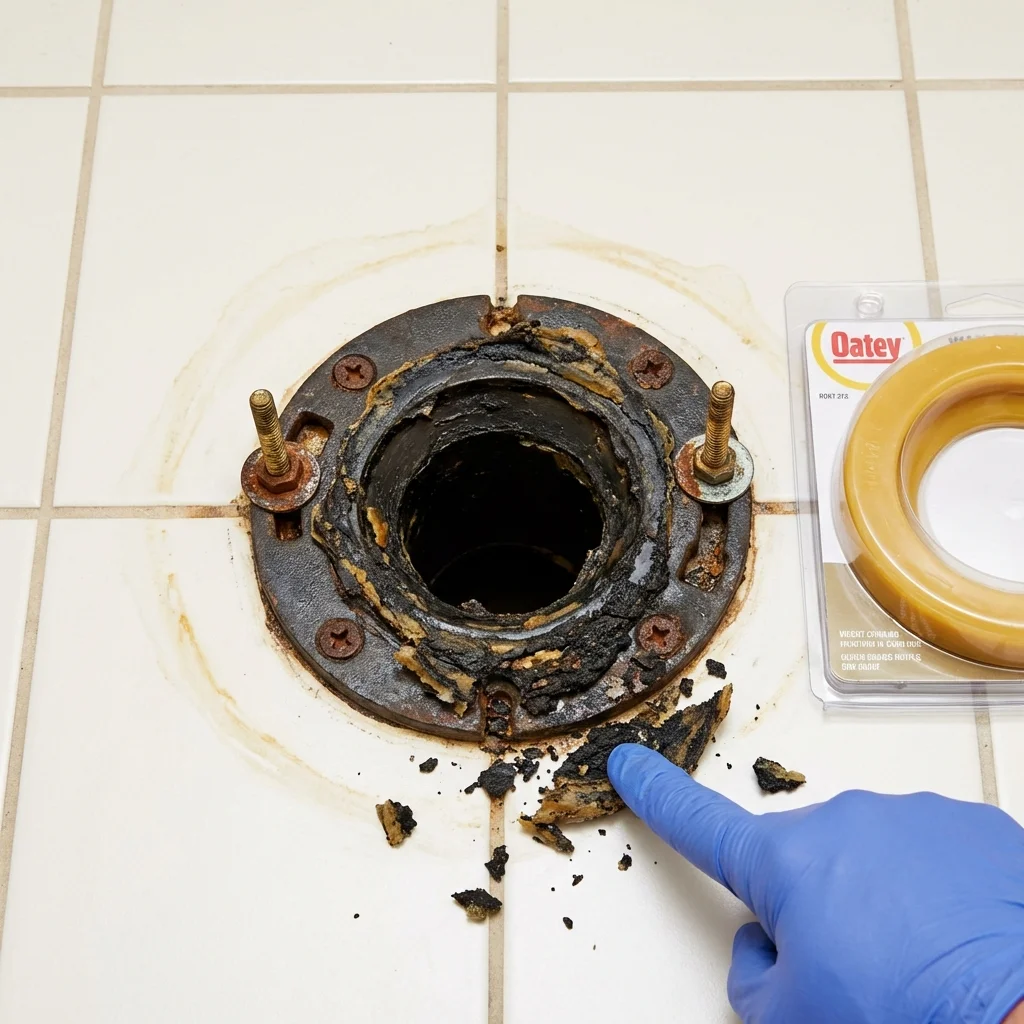 Failed wax ring showing water seepage at the base of a toilet in a Epworth, IA home